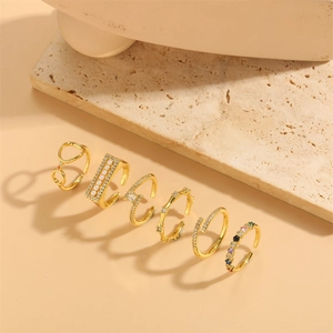 6-piece 14K gold plated ring set with bamboo design, colorful zircons and pearls