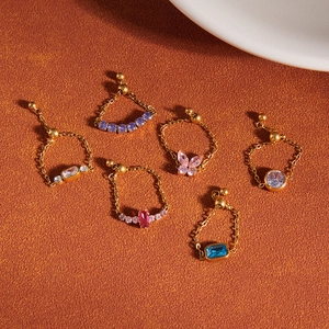Adjustable gold stainless steel chain rings with colorful zircon butterflies