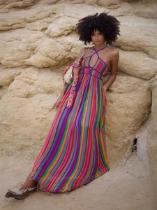 Bohemian V-neck maxi dress with colorful rainbow stripes and halter straps for women