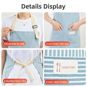 Waterproof blue striped cotton linen kitchen apron with adjustable strap and large pockets