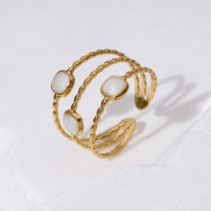 Three-layer 18K gold plated stainless steel open ring with white square drip oil detail