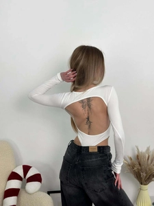 White long sleeve backless bodysuit with rib-knit fabric and high round neckline