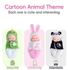 Three cute baby dolls in green dragon, pink rabbit, and black panda plush sleeping bags