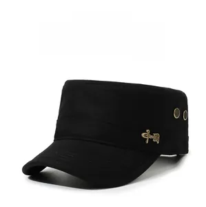 Detail of black cotton flat top military cap with gold metal China character emblem