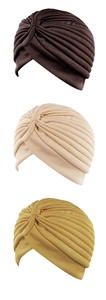 Detaillierte Falten-Turban-Mützen in Dunkelkaffee, Beige und Ingwergelb aus Stoff
