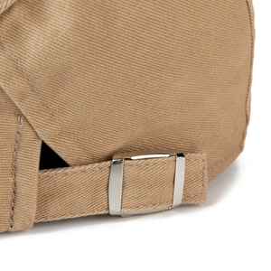 Men's khaki cotton beret cap featuring adjustable silver metal buckle at the back