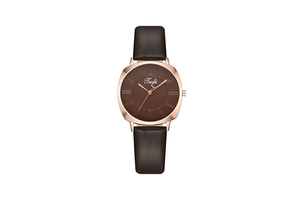 Detail of a ladies' quartz watch featuring a brown leather strap and rose gold square case