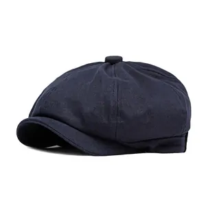 Classic dark blue adjustable newsboy cap in retro British style cotton canvas