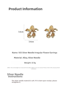 Detailed view of irregular flower stud earrings with 3.6cm by 3.4cm dimensions