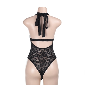 Detailed back view showing black lace hollow out pattern and halter tie-back design