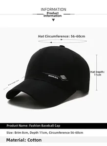 Detail view of cotton baseball cap showing adjustable strap and size parameters