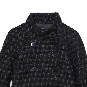 Women's black tweed jacket with metallic threads and double-breasted collar detail