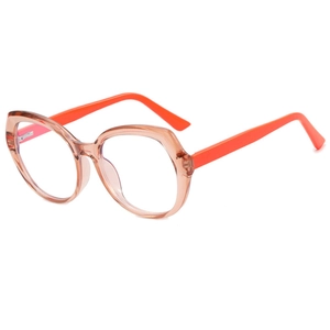 Polygonal cat-eye anti-blue light glasses with pink frame and orange temples in 45-degree view
