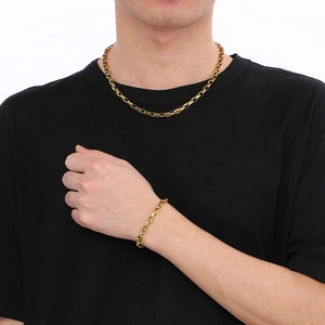 18K gold plated stainless steel geometric box chain necklace and bracelet set on model