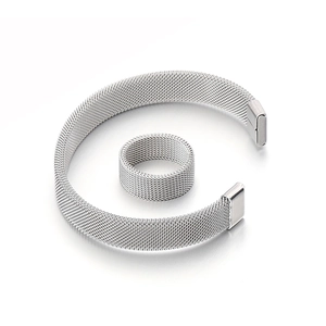 Silver stainless steel mesh bracelet and ring set in minimalist retro Milanese style