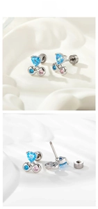 Detail of blue heart zircon stud earring with secure threaded screw-back closure