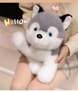 Detailed view of a soft husky plush toy with realistic blue eyes and grey-white fur