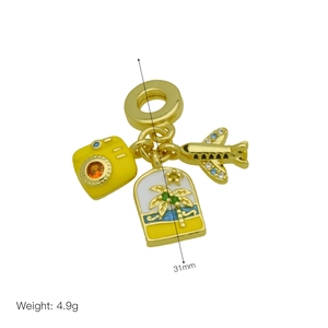 Detail of travel charm with camera airplane and suitcase pendants 31mm 4.9g