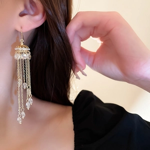 Close-up of elegant gold tassel earrings with teardrop crystals on a model's ear
