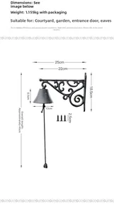 Detailed size specifications for outdoor cast iron wall-mounted dinner bell with scroll bracket