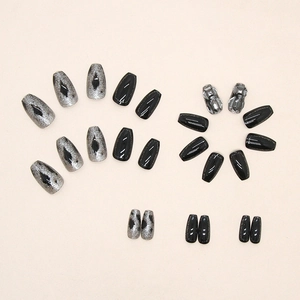 Sparkling long coffin press-on nails set with black glitter and luxury diamond accents