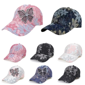 Women Baseball Cap Lace Mesh Hollow Out Breathable Sun Hat Sweet Butterfly Rhinestone Decoration Adjustable Summer