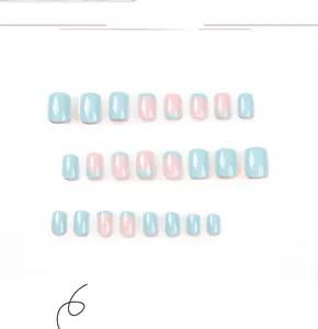 Detail view of 24pcs short square round false nails with blue and pink macaron colors