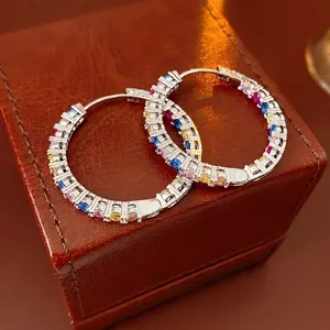 Orecchini A Cerchio In Zirconia Colorata Con Perno In Argento Tondo Arcobaleno Rame Gioielli Moda Donna