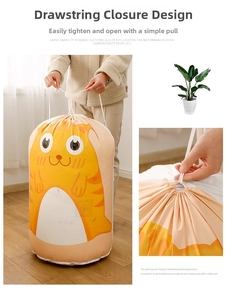 Large capacity drawstring quilt storage bag with cute cartoon cat pattern detail