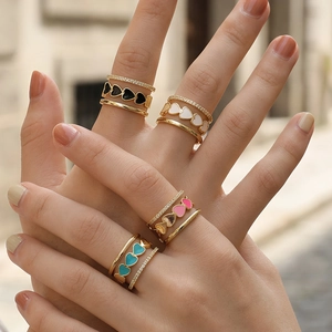 Fashion Copper Gold Plated Enamel Heart Open Ring For Women Trendy Zirconia Inlaid Multi Layer Adjustable Finger Ring Jewelry