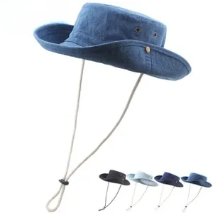 Detail view of denim sun hat showing metal eyelets and adjustable windproof drawstring