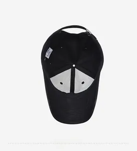Interior detail of black baseball cap showing ventilation holes and inner white lining
