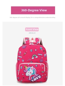 Front view of pink children backpack featuring colorful unicorns and rainbow patterns