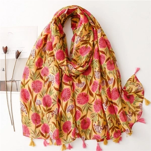 Hydrangea Floral Print Scarf Shawl With Tassels Lightweight Polyester Voile Sun Protection For Women Fresh Artistic Style