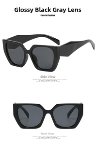 Detailed views of geometric thick frame sunglasses in glossy black with grey lenses