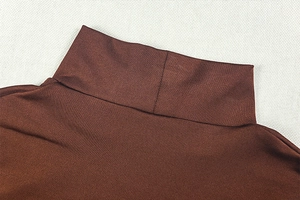Detail of high collar neckline and fine knit texture on a brown elegant dress