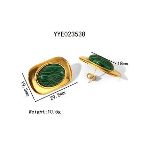 Vintage gold oval earrings with green malachite stone inlay and polished finish