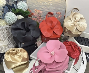 Detail of multi-colored 3D floral tote bags in leather with drawstring inner bags