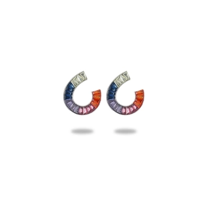 French vintage C-shaped titanium steel earrings with rainbow gradient channel-set crystals