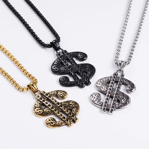 Three-color dollar sign pendant necklace set in gold black and silver stainless steel