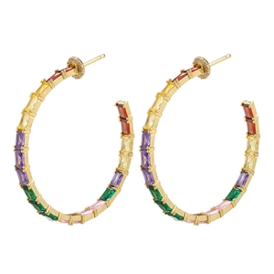 Baguette Cut Zircon Hoop Earrings C-Shape Rainbow Colorful Copper Metal Fashion Luxury Style Jewelry For Women