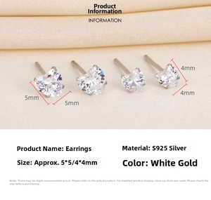 Detailed size guide for S925 silver heart zirconia studs in 4mm and 5mm options
