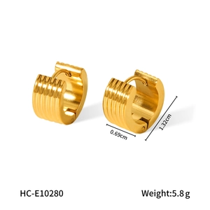 Detailed view of 18K gold plated ribbed steel hoop earrings with size and weight info