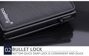 Close-up of the bullet lock mechanism on this leather card holder for quick snap access