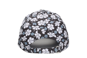 Detail of adjustable metal buckle and floral print on back of this baseball cap
