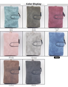 Macro display of compact matte wallets in eight different colors with snap closure