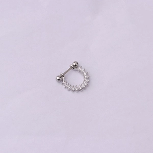 Close-up of a silver stainless steel helix stud earring with micro-pave cubic zirconia