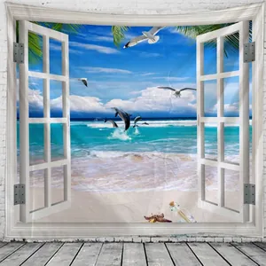 Detalle de tapiz 3D con vista de ventana, delfines y olas del mar en pared de ladrillo