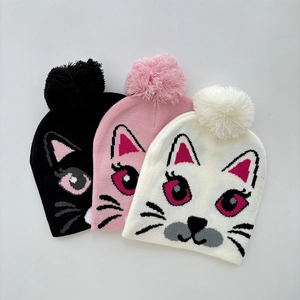 Halloween kids knit beanies with cartoon cat design and pom-poms in black pink and white