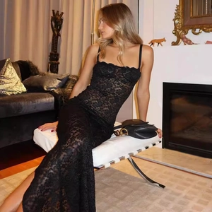 Sexy Floral Lace Cami Maxi Dress Transparent Slim Fit Evening Party Elegant Bodycon Long Gown For Women